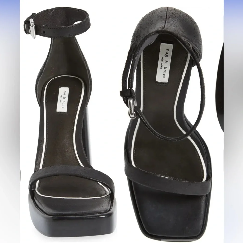 rag & bone Platform Sandals Womens‎ 38 Black Suede Block Heel Square Toe Buckle